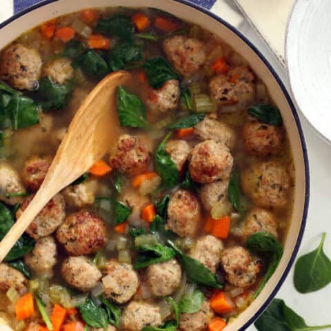 Pot of Italian soup with meatballs