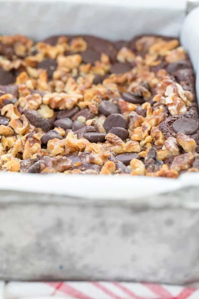 A metal baking pan filled with gluten free brownies recipe.