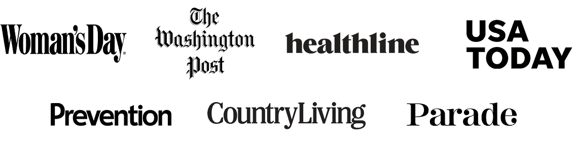 Logos for Woman's Day, Washington Post, Healthline, USA Today, Prevention, Country Living, Parade
