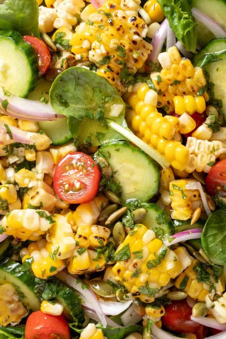 A grilled corn salad tossed in a white bowl with cucumber, onion, tomatoes and spring mix.