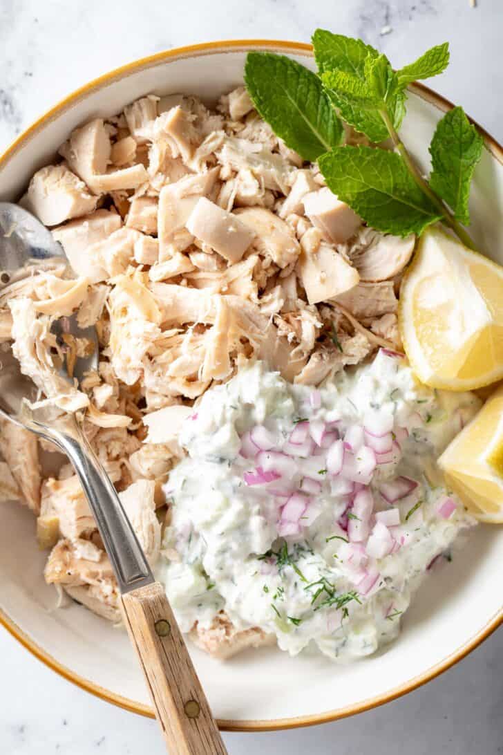 A white bowl filled with chopped poultry and a yogurt sauce.