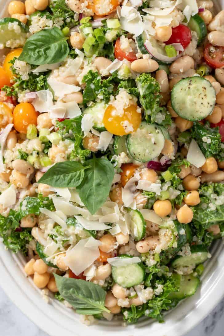 A white platter filled with White Bean Quinoa Salad.