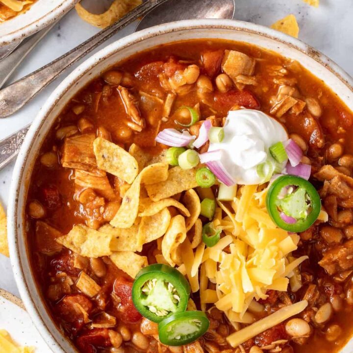 A bowl filled with White Bean Turkey Chili