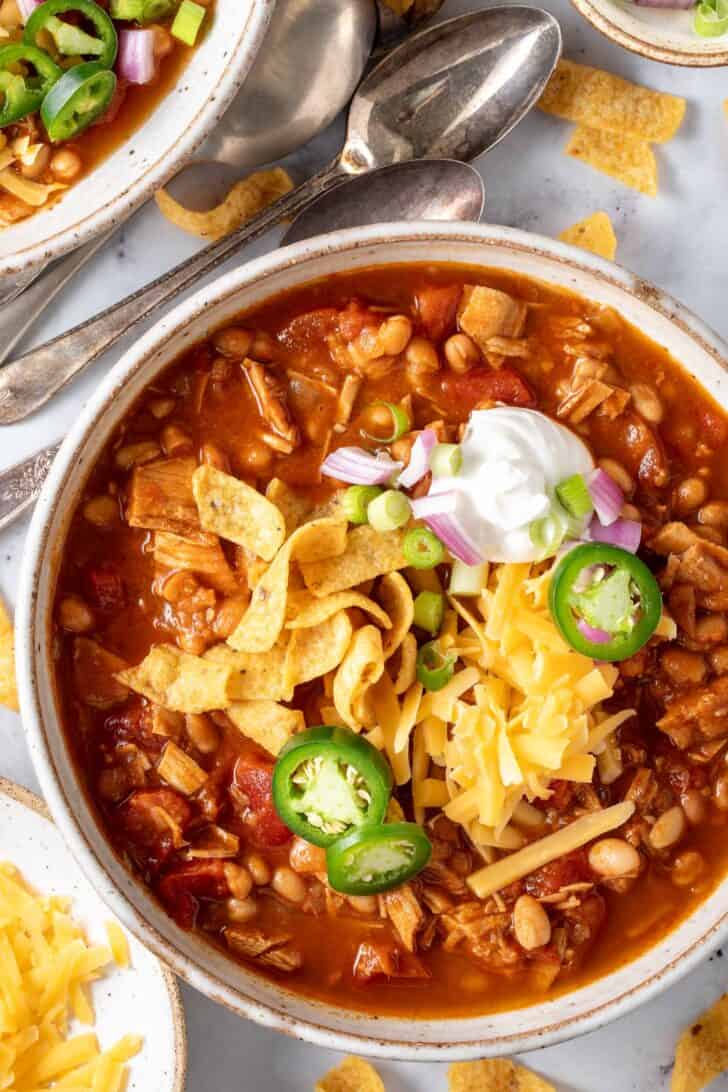 A bowl of white bean turkey chili.