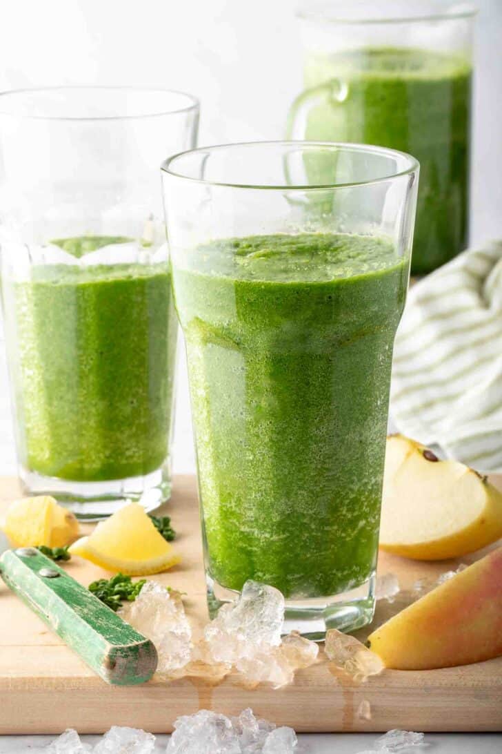 Three glasses filled with the best green juice recipe.