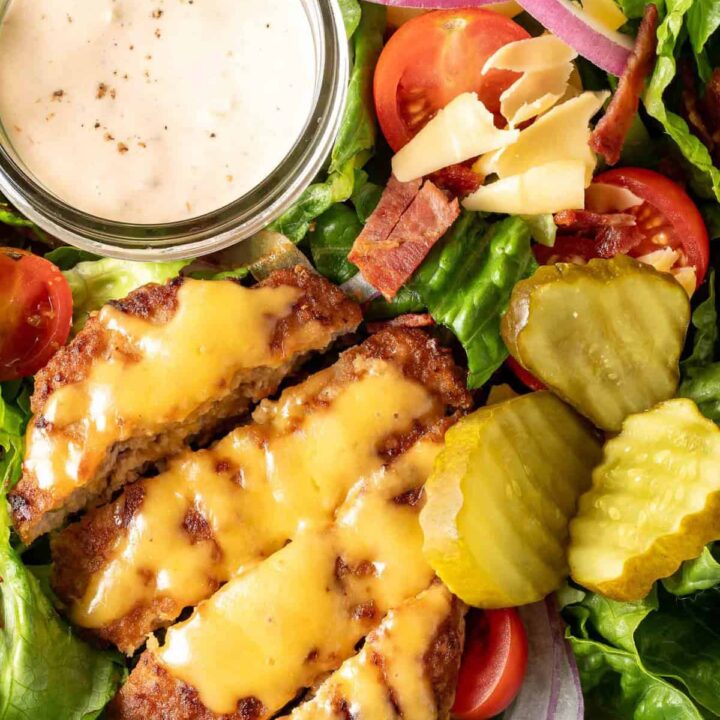 Turkey Burger Bowls filled with ground turkey, Romaine lettuce, tomatoes, onion and pickles.