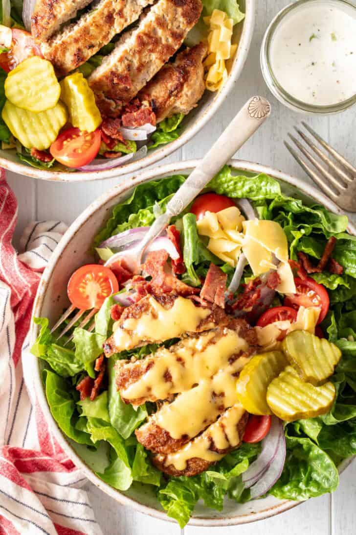 Burger Bowls filled with ground turkey, Romaine lettuce, tomatoes, onion and pickles.