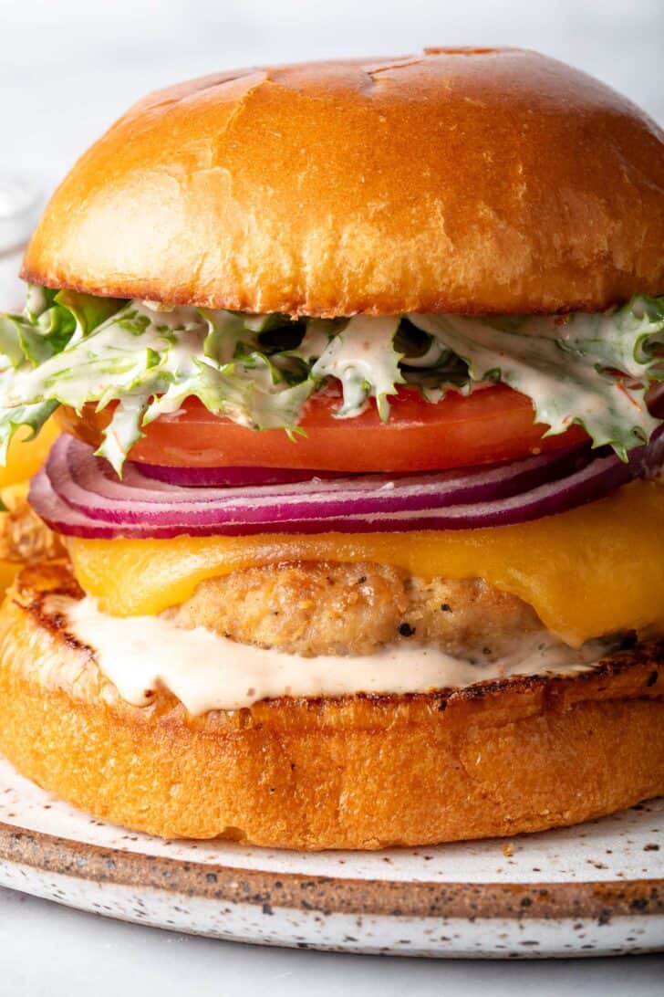 A juicy turkey burger on a plate.